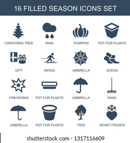 season icons. Trendy 16 season icons. Contain icons such as Christmas tree, rain, pumpkin, pot for plants, gift, skiing, umbrella, socks, fireworks. season icon for web and mobile.