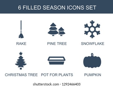season icons. Trendy 6 season icons. Contain icons such as rake, pine tree, snowflake, Christmas tree, pot for plants, pumpkin. season icon for web and mobile.