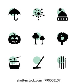 Season icons. vector collection filled season icons set.. includes symbols such as tree, fruit tree, rake, pumpkin, fireworks, umbrella. use for web, mobile and ui design.