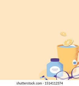 Season illness vector design concept. Cold and sick, virus and health, flu infection, fever disease, sickness and temperature background. Tea, lemon, pills and glasses. Vector illustration