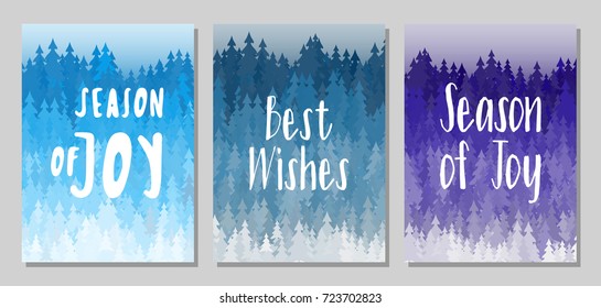 Season of Joy, Best Wishes holiday vector cards. Winter forest panorama with blue christmas trees landscape. Winter scene background with fir trees, spruces. Greeting card templates design.