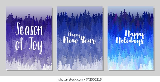 Season of joy, Happy New Year, Happy Holidays vector card templates. Winter forest panorama with blue christmas trees landscape. Winter scene background design with fir trees, spruces. New Year cards.