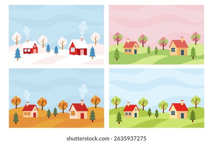 Season landscape set. Four season scenery with village. Backgrounds with winter, spring, summer and autumn season. 