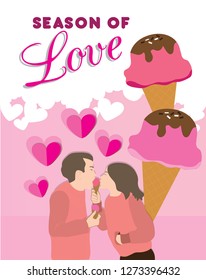 Season of love in February. Couple in love eating ice cream  together. 