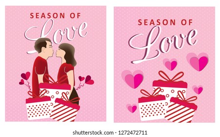 Season of love. Happy Valentine’s day. Couple are kissing with gifts on pink background. Design for banner, promo web, poster, card.