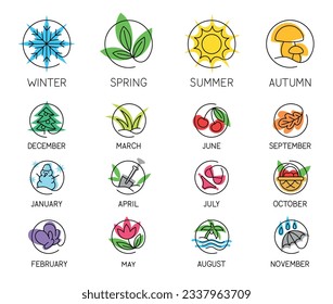 Season and month of year set. Outline colorful icons with winter and autumn, summer and spring. Sunny weather and snowfall, fall and rainy. Cartoon flat vector collection isolated on white background