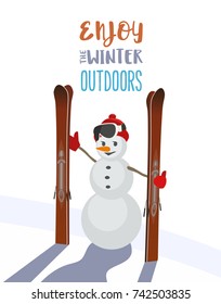 Season motivation quote Enjoy winter outdoors. Snowman with mountain ski equipment and sport hat icon. Vector cartoon skier symbol. Design idea for advertisement of active lifestyle banner background