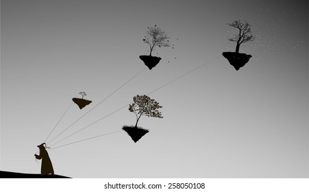for season on flying rock, Old wandering wizard pulling the flying rocks with growing tree, silhouette.