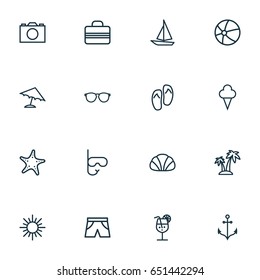 Season Outline Icons Set. Collection Of Palm, Cocktail, Glasses And Other Elements. Also Includes Symbols Such As Ship, Starfish, Anchor.