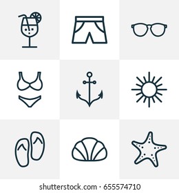 Season Outline Icons Set. Collection Of Conch, Briefs, Beachwear And Other Elements. Also Includes Symbols Such As Armature, Sun, Star.