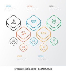 Season Outline Icons Set. Collection Of Briefs, Cocktail , Handbag Elements. Also Includes Symbols Such As Sail, Suitcase, Berry.