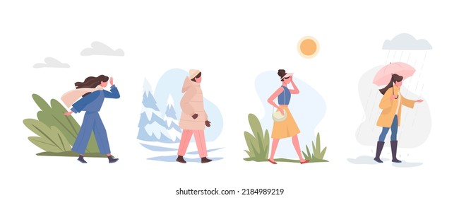season people. girl walking in various seasonal weather cloudy rainy snow and wind summer heat. Vector cartoon people