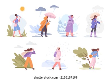 season people. woman walking in different weather time snow rain shiny cloudy. Vector season characters concept pictures