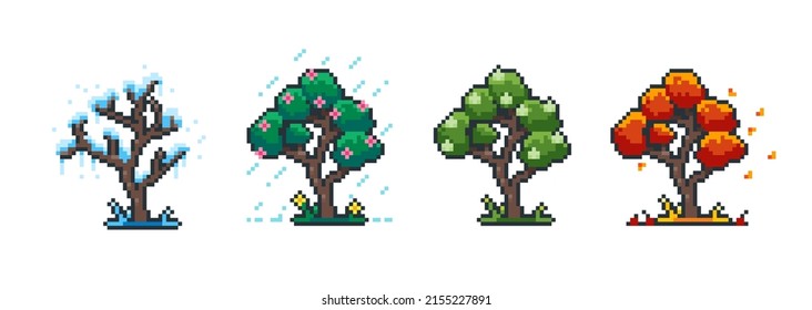 Season pixel tree. 8 bit spring summer autumn and winter cartoon tree for retro video game. Vector green and white garden plant. Illustration of spring tree and autumn or winter plant
