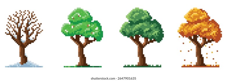 Árvore de pixels da estação. Planta decídua, mudança de estações, primavera, verão, outono e inverno, derramamento de folhagem amarela, botânica e grama, elementos de paisagem, vetor qualitativo isolado conceito