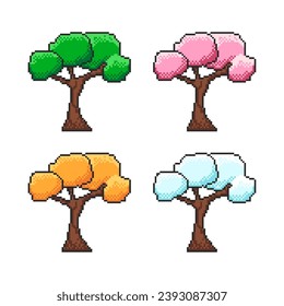 Season pixel tree, video game UI asset elements. 8 bit spring summer autumn and winter season pixel tree for retro video game. Isolated vector illustration for pixel art games.