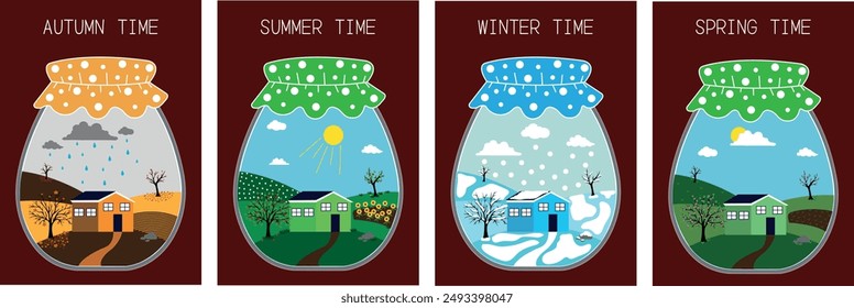 Season of postcards. Stickers and cards with the seasons. Illustration with seasons.