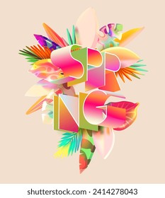 Season poster with word spring and realistic vector plant. Light 3D tropical leaves with typographic design.