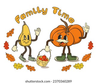 Season print design with pumpkins characters in old retro cartoon style. Hand drawn slogan Family Time and cute vintage characters. Autumn concept illustration posters, greetings, tshirt print