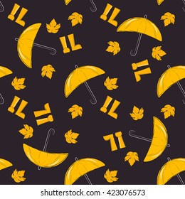 Season of rains. Seamless pattern of yellow autumn leaves on background. 
