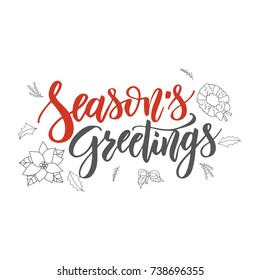 Season s Greetings handwriting script lettering. Marry Christmas greeting card. Modern brush lettering. Vector emblem, text design