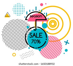 Season sale 70 percent off isolated banner with geometrical figures of different shapes. Vector circles and umbrellas, triangles and waves, poster in memphis style. Special discount illustration