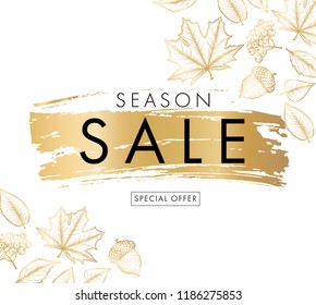 Season SALE advertising banner with leaves, sketch in golden colors on white background, modern social marketing