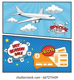 Season sale of air tickets comic style banners with clouds plane and boarding passes isolated vector illustration