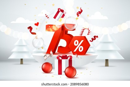 Season sale banner. Bright room with christmas elements and digits. 3d style vector banner