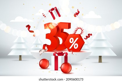 Season sale banner. Bright room with christmas elements and digits. 3d style vector banner