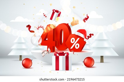 Season sale banner. Bright room with christmas elements and digits. 3d style vector banner