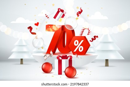 Season sale banner. Bright room with christmas elements and digits. 3d style vector banner