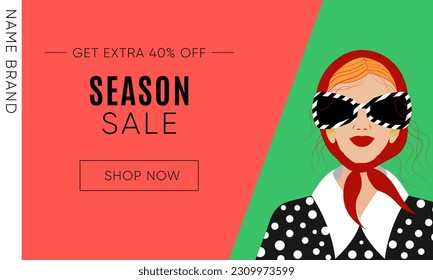 Season Sale Banner Design with woman in sunglasses and scar fon pink green Background. Vector EPS10