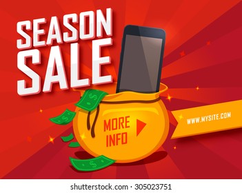 Season sale banner. Shopping season poster template. Sales promotion concept flyer on Red background