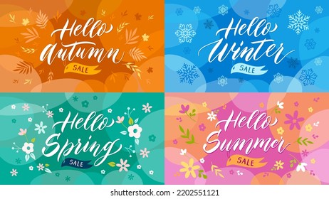 Season Sale banners. Autumn promo, hello winter label, spring lettering and summer sales tag vector set of discount promo marketing sale illustration