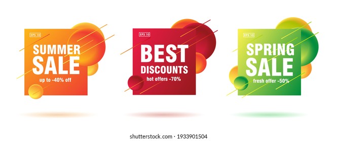Season sale dynamic price tag set, geometric shapes of sqare and circles with big typography and discounts promo, isolated