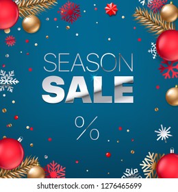Season sale inscription. Silver text on blue background. Shopping banner. 
Luxury elegant text font. Square vector illustration