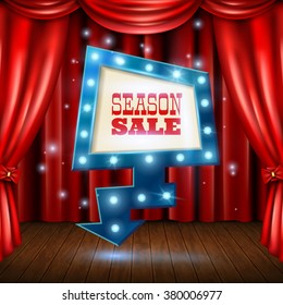 Season sale light banner on stage background with red curtain realistic vector illustration 