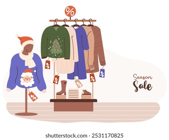 Season sale poster. Store Christmas shopping. Fashionable clothes on hangers and shoes and mannequin in ugly xmas sweater with Santa. Vector illustration. Consumerism, purchase concept. Black Friday