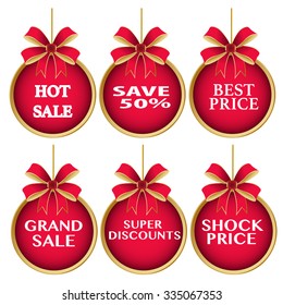 Season Sale ,Present by Shock Price ,hot sale, best price,grand sale,super discounts,shock price,save50%on red  christmas ball Isolated on White Background