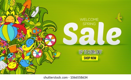 Season sale promo banner. Doodles abstract decorative summer vector isolated on white background with hand drawn frame. Greeting card, banner, poster landing page design