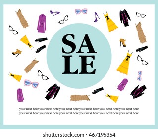 Season sale shopping coupon card design with fashion items. Woman clothes, glasses, dress, coat, shoe, trench icons set. vector illustration. 