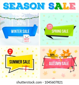 Season sale for shopping, promo poster, frame, web banner. Winter, spring, summer, autumn sale. Vector illustration template.