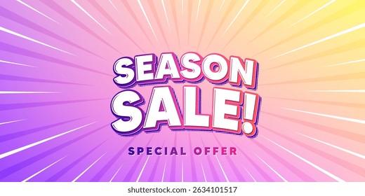 Season sale sun rays gradient banner. Light burst background. Season sale tag. Special offer price sign. Advertising discounts symbol. Gradient sun rays. Sunburst light. Vector