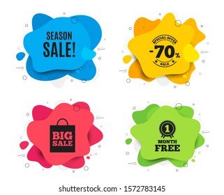 Season sale symbol. Liquid shape, various colors. Special offer price sign. Advertising discounts symbol. Geometric vector banner. Season sale text. Gradient shape badge. Vector