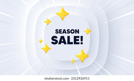 Season sale tag. Neumorphic banner with sunburst. Special offer price sign. Advertising discounts symbol. Season sale message. Banner with 3d stars. Circular neumorphic template. Vector