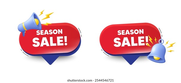 Season sale tag. Speech bubbles with 3d bell, megaphone. Special offer price sign. Advertising discounts symbol. Season sale chat speech message. Red offer talk box. Vector