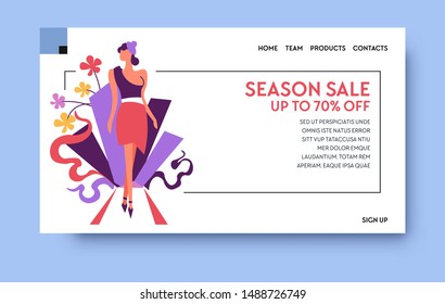 Season sale website landing page, discount or special offer vector. Shopping promo banner, fashion boutique and new clothes, shop web site. Purchase or buy products, woman or girl in stylish outfit
