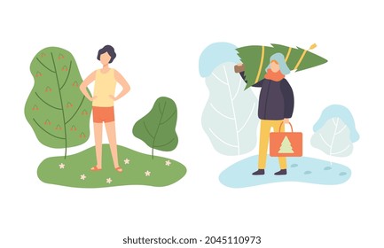 Season Scene with Man Character Sunbathing Sunny Summer and Carrying Fir Tree in Winter Vector Set