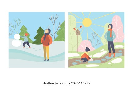 Season Scene with People Character Walking in Snowy Winter Building Snowman and Playing Boat in Spring Vector Set